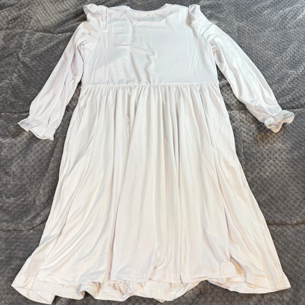 White Long Sleeve Maxi Dress Girls Ruffle Shoulder Elastic Cuff Crew Neck 33in